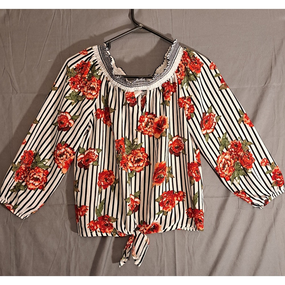 No Boundaries Striped Floral Print Off-Shoulder Shirt Women's Size Medium